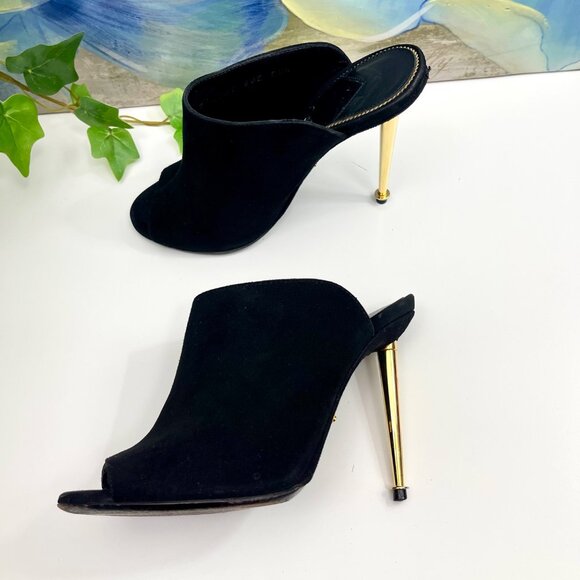 Tom Ford Black Suede Peep-Toe Mules With Gold Stiletto Heel Size 35 - Picture 4 of 12